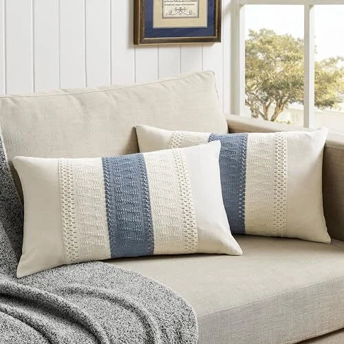 2 Pack Cotton Boho Lumbar Throw Pillow cover 12x20 Inch Pack of 2 Contrast/Blue