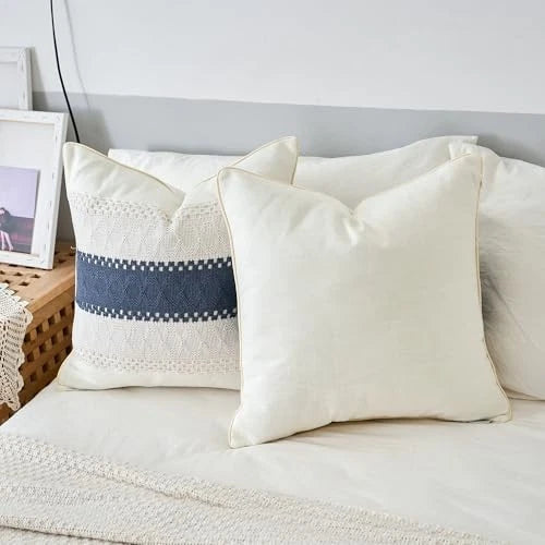 Throw Pillow Covers Set of 2 for Boho Living 20" x 20" (Pack of 2) Beige Blue