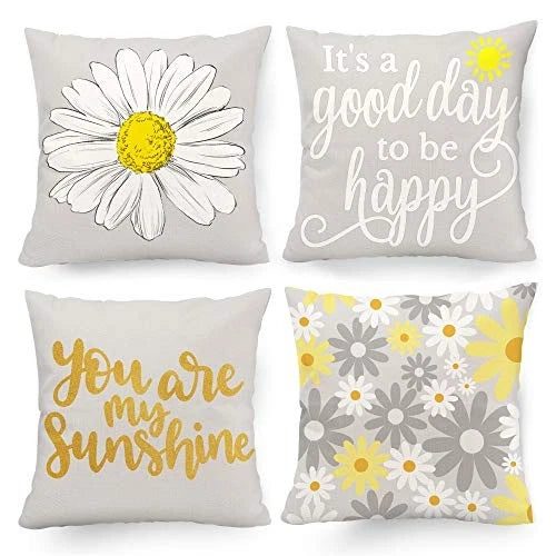 Spring Summer Pillow Covers 18x18 Set of 4, Yellow 18" x 18" (Pack of 4) Grey