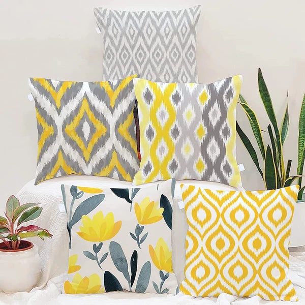 Yellow Grey Printed Canvas Cotton Cushion Covers, Yellowgrey Combo Set of 5