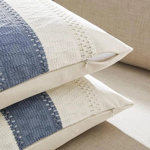 2 Packs Cotton Boho Throw Pillow Covers 18" x 18" (Pack of 2) Contrast/Blue
