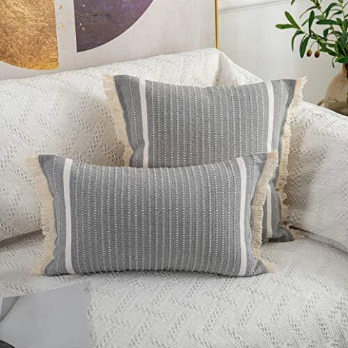 Modern Throw Pillow Cover with Tassels, Decorative Lumbar 12 x 20 Inches Gray