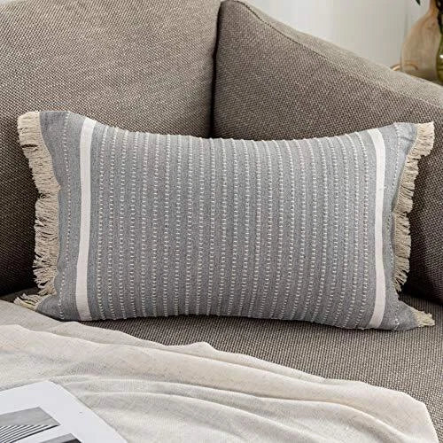 Modern Throw Pillow Cover with Tassels, Decorative Lumbar 12 x 20 Inches Gray