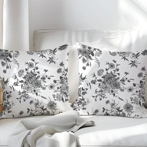 Black and White Floral Pillow Covers Home 18" x 18" (Pack of 2) Floral Black