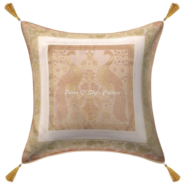 White Cushion Cover Brocade Jacquard Gypsy Boho Tribal Ethnic Hippie Pillow