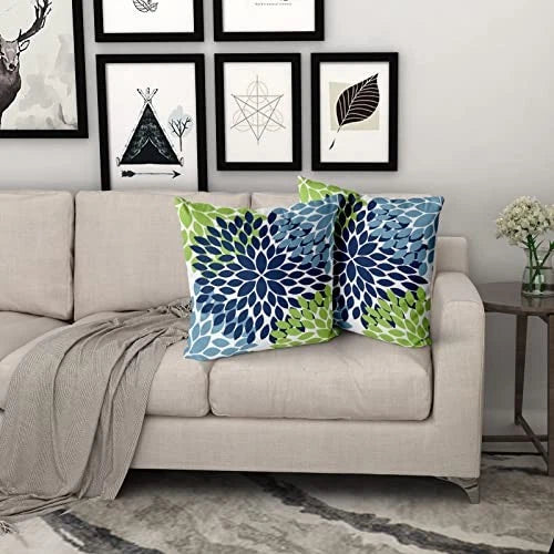 Pillow Covers 20x20 Light Blue Dahlias 20" x 20" (Pack of 2) Navy Blue Green