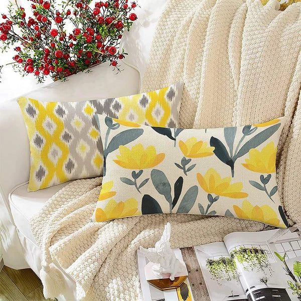 Yellow Grey Printed Canvas Cotton Cushion Covers, Yellowgrey Combo Set of 2