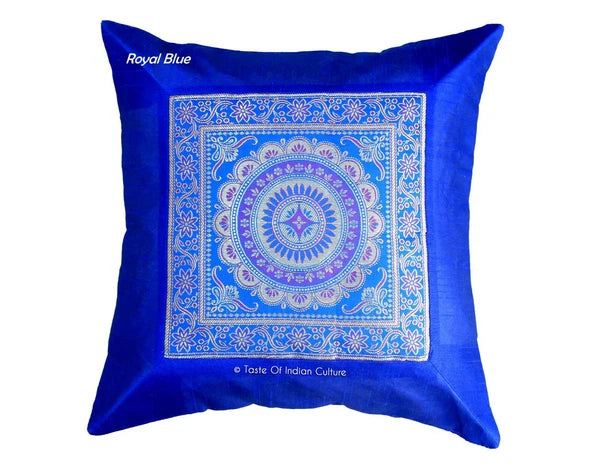 16" Indian Mandala Printed Dupioni Silk With Brocade Cushion Cover Royal Blue