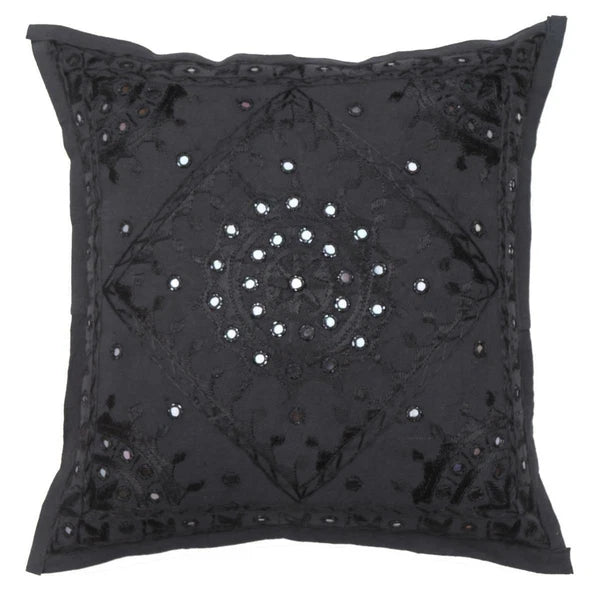 16" Decorative Mirror Embroidered Pucca Cushion Pillow-Cover Sofa Throw Black