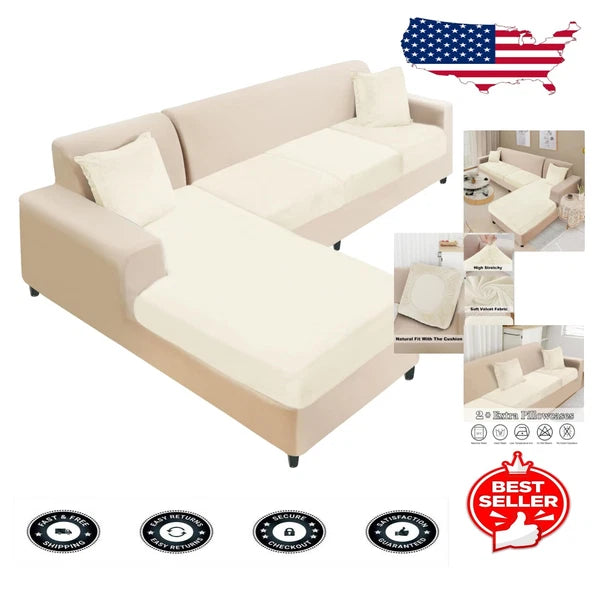 Universal Stretch Velvet L-Shape Couch Slipcovers with 2 Pillowcases - Cream
