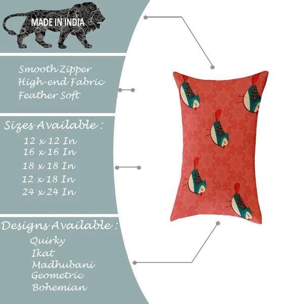 Birds Printed Canvas Cotton Cushion Covers, Combo Set of 2 ( 12 x 18 Inches )