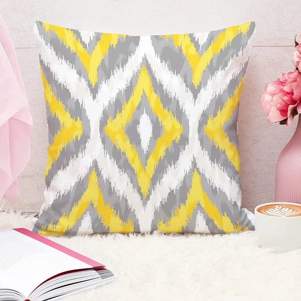 Yellow Grey Printed Canvas Cotton Cushion Covers, Yellowgrey Combo Set of 5