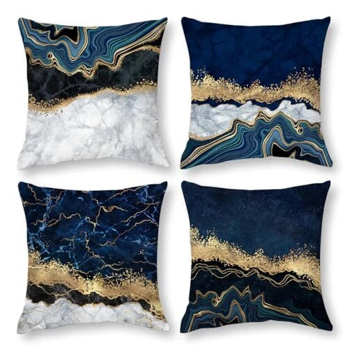 Navy Blue Grey Gold Pillows Covers Set of 4 18" x 18" (Pack of 4) Blue Marble