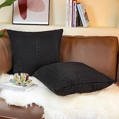 Set of 2 Black Decorative knit Throw Pillow Cover Soft knit Pillow Case,