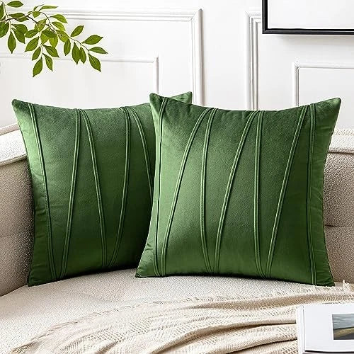 Pack of 2 Striped Velvet Throw Pillow Covers 16" x 16" (Pack of 2) Moss Green