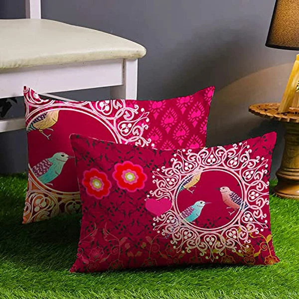Birds Printed Cotton Canvas Rectangular Premium Quality Cushion Covers, Set of 2