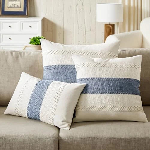 2 Pack Cotton Boho Lumbar Throw Pillow cover 12x20 Inch Pack of 2 Contrast/Blue