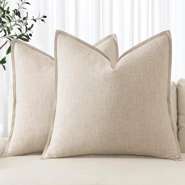 Decorative Linen Pillow Covers 20x20 Inch Natural Beige Boho Farmhouse Neu...