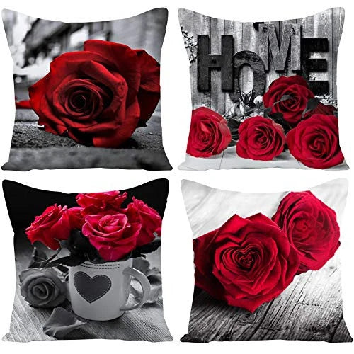 Red Rose Flowers Throw Pillow Cases Cushion 18" x 18" (Pack of 4) Flower B