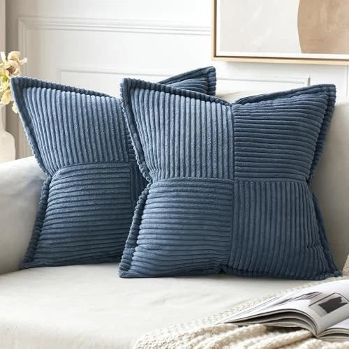 Corduroy Pillow Covers 20x20 Inch with Splicing Set 20" x 20" (Pack of 2) Blue