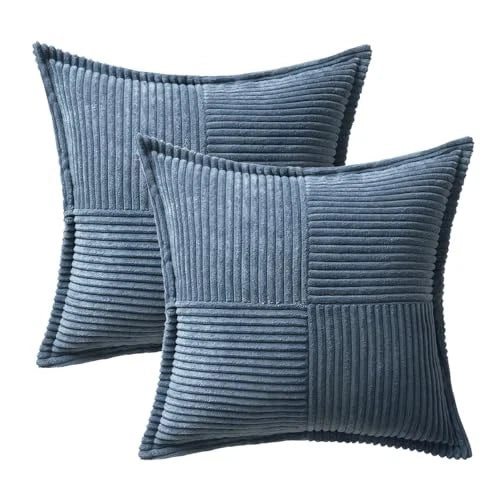 Corduroy Pillow Covers 20x20 Inch with Splicing Set 20" x 20" (Pack of 2) Blue
