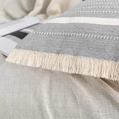 Modern Throw Pillow Cover with Tassels, Decorative Lumbar 12 x 20 Inches Gray