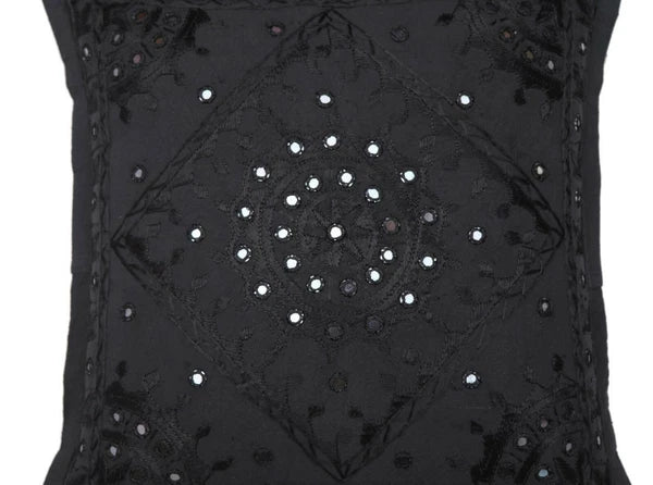 16" Decorative Mirror Embroidered Pucca Cushion Pillow-Cover Sofa Throw Black