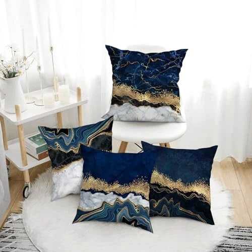 Navy Blue Grey Gold Pillows Covers Set of 4 18" x 18" (Pack of 4) Blue Marble