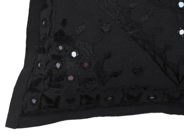 16" Decorative Mirror Embroidered Pucca Cushion Pillow-Cover Sofa Throw Black