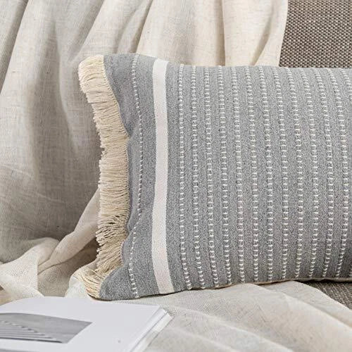 Modern Throw Pillow Cover with Tassels, Decorative Lumbar 12 x 20 Inches Gray