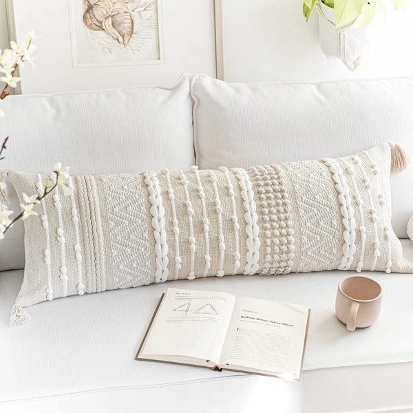Cream Decorative Lumbar Throw Pillow Cover 14x36 Boho Long Cushion for Bed Ne...