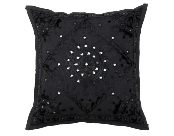 16" Decorative Mirror Embroidered Pucca Cushion Pillow-Cover Sofa Throw Black