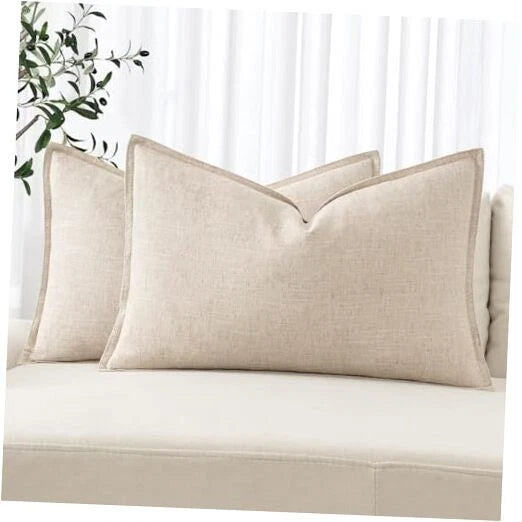 Decorative Linen Lumbar Pillow Covers 20" x 12" (Pack of 2) 2 Natural Beige