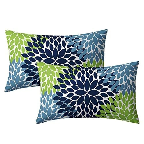 Pillow Covers 12x20 Light Blue Dahlia Flowers 12x20 Inches Navy Blue Green